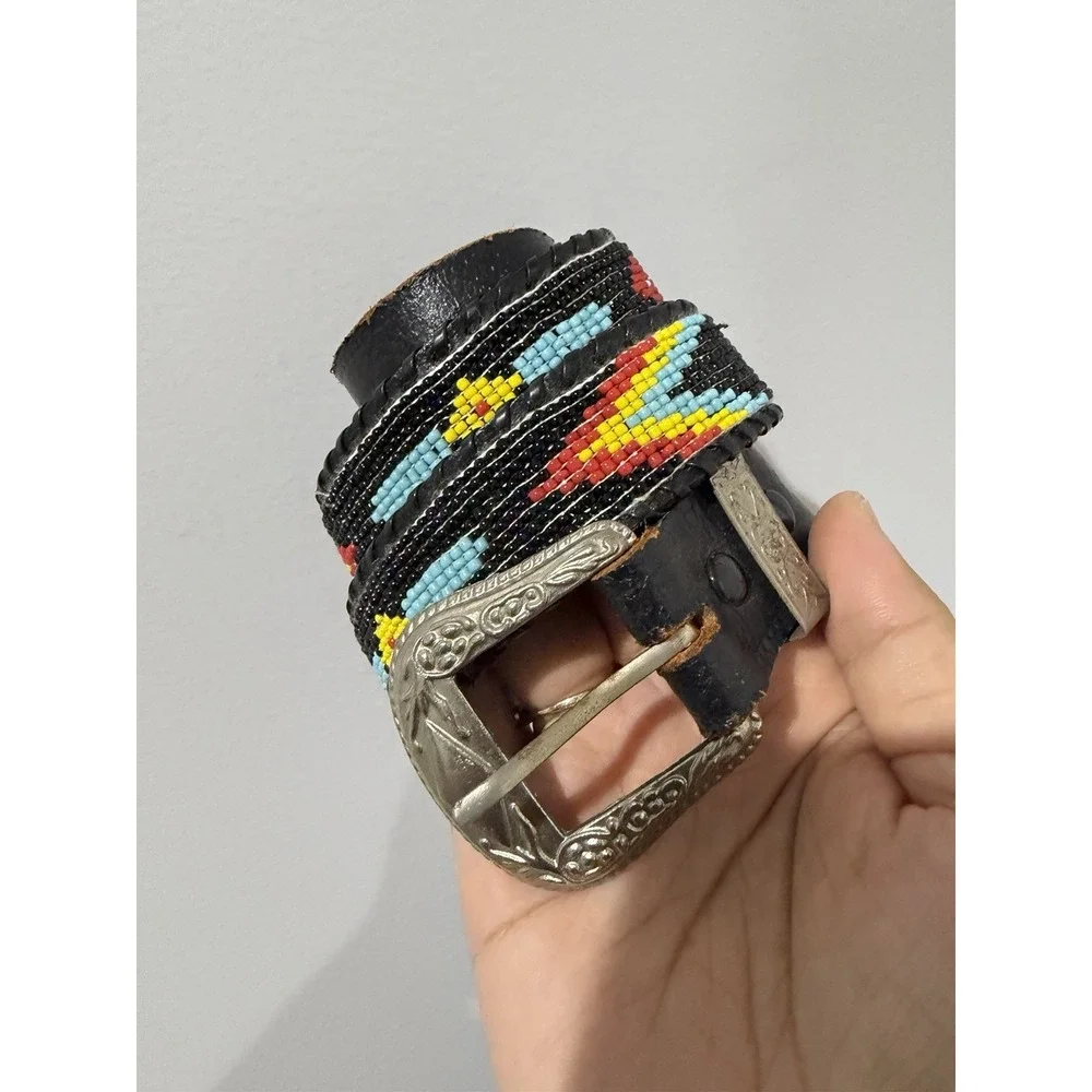 VTG Beaded Leather Belt Unisex Sz Small 36 Inch Waist Southwestern Rodeo Cowboy